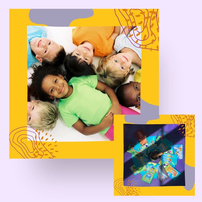 Two images of a group of children smiling and yoga pose cards for a game.