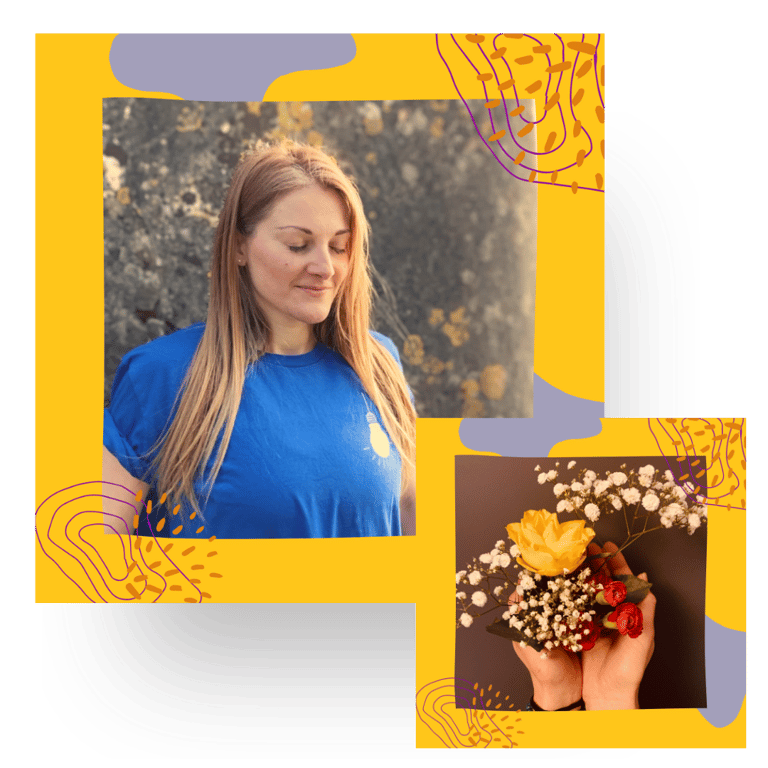 Martina with her eyes closed and holding flowers in her hand. In Lisbon.