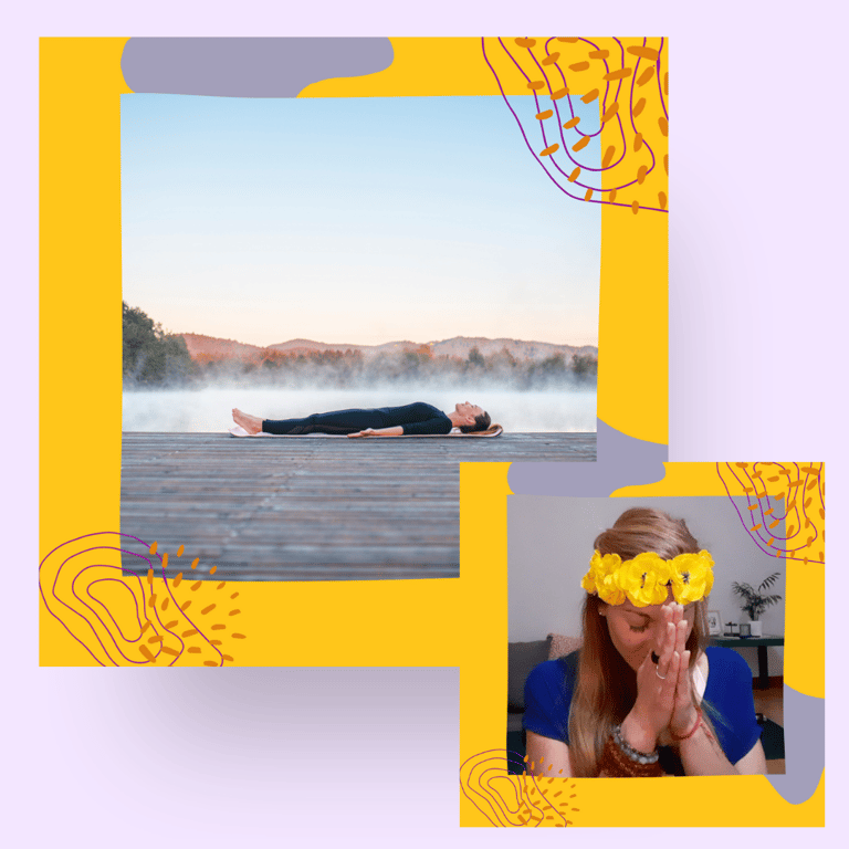 A person lying down for meditation and a woman with hands in prayer.