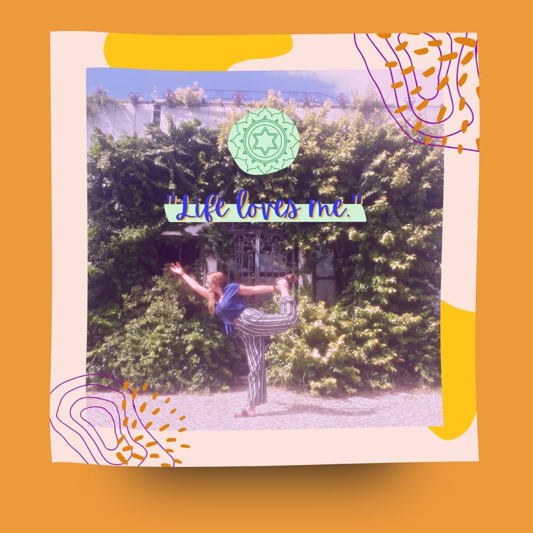 A woman in natarajasana dancer's yoga pose in front of a garden.