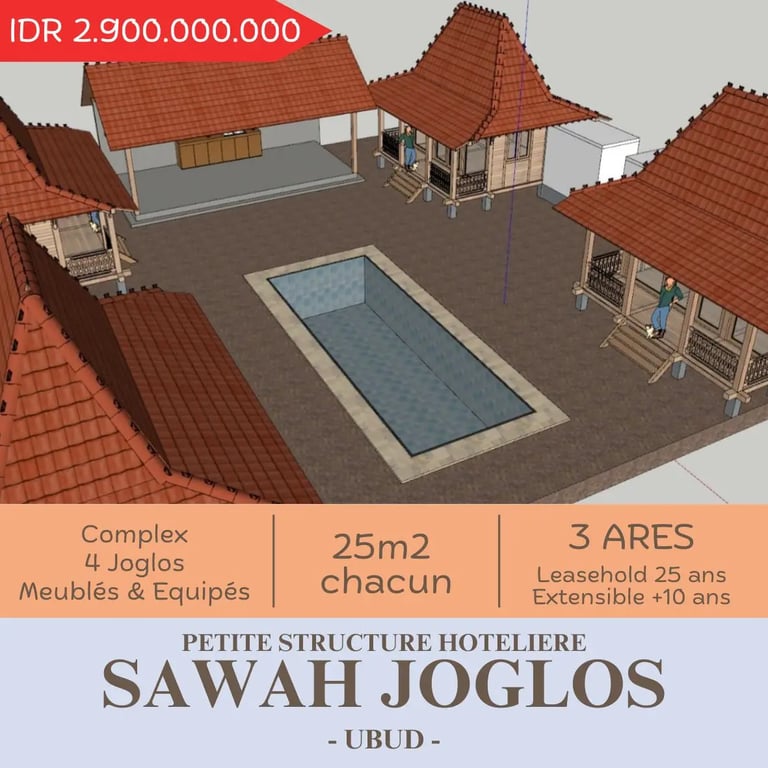 Construction de villas à Bali: complexe hôtelier Sawah Joglos à Ubud, 4 bungalows avec piscine