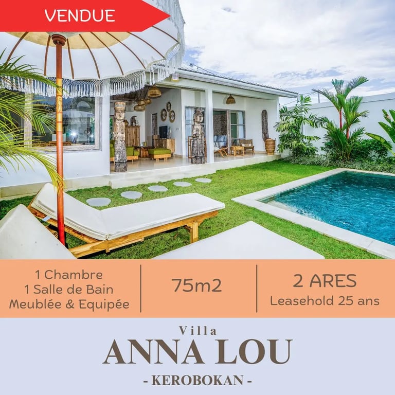 Construction de villas à Bali: Villa Anna Lou vendue, 75m², piscine, style tropical à Kerobokan