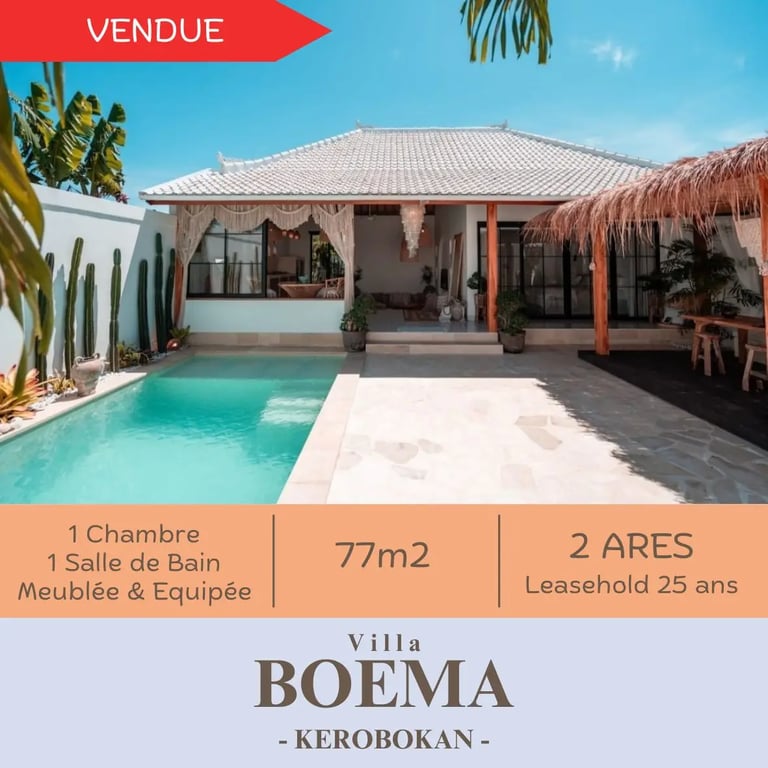 Construction de villas à Bali: Villa Boema vendue, 77m², piscine, style balinais moderne à Kerobokan