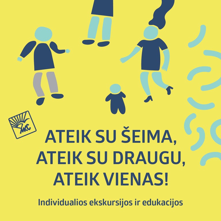 Illustration of the people on yelow bacground and text: Come with your family, come with a friend, come alone..
