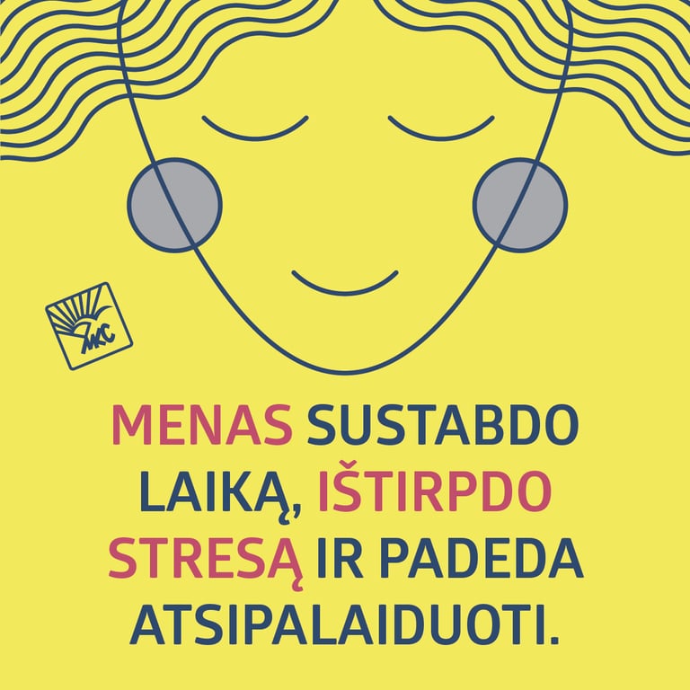 Calm linear face drawing on the yelow background and text: Art stops time, relieves stress and helps you relax.
