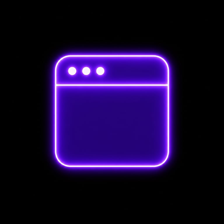 Glowing purple neon browser window icon isolated on a black background for web design.