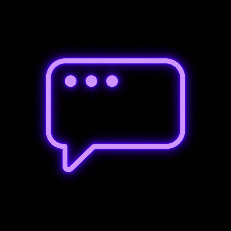 Purple chat bubble icon with three dots on a black background for messaging and communication.