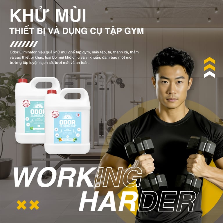 Khử mùi mồ hôi khó chịu dụng cụ tập gym, máy móc, tạ, xà, thảm