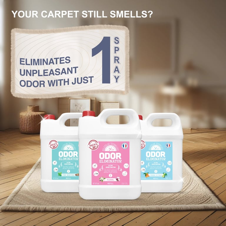 Carpet odor eliminated instantly with one spray from Odor Eliminator.