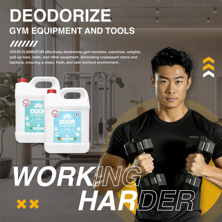 Text: "DEODORIZE GYM EQUIPMENT AND TOOLS," "ODOR ELIMINATOR," and "WORKING HARDER."