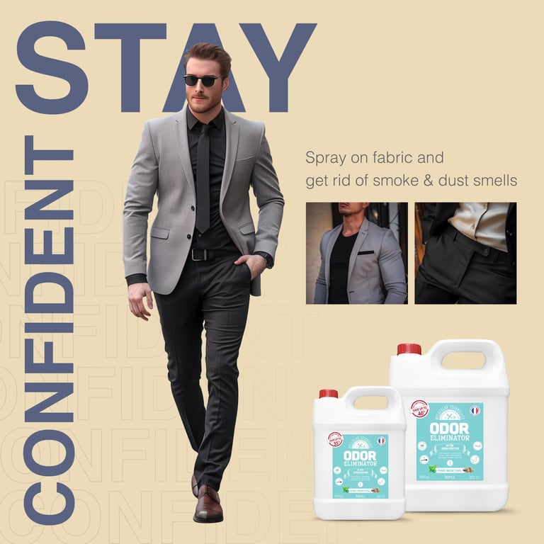 Text “STAY CONFIDENT" with a man walking, and product for fabric odor.