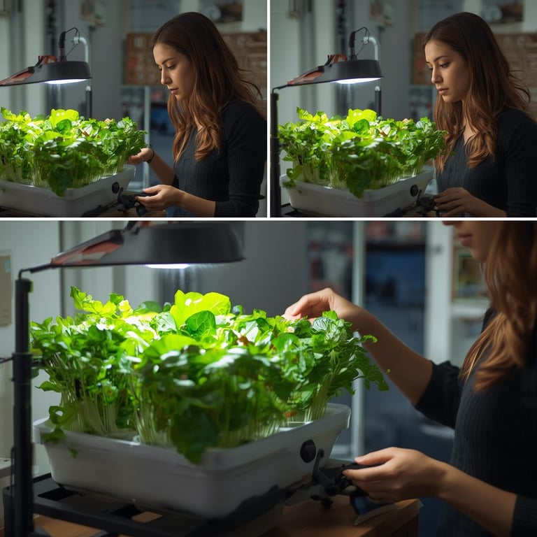 Woman tending an indoor hydroponic system