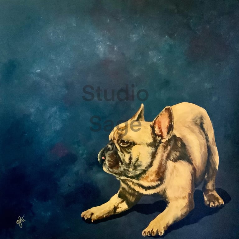 french bulldog, Frenchie, blue, abstract, playful, puppy, dog, art acrylic painting