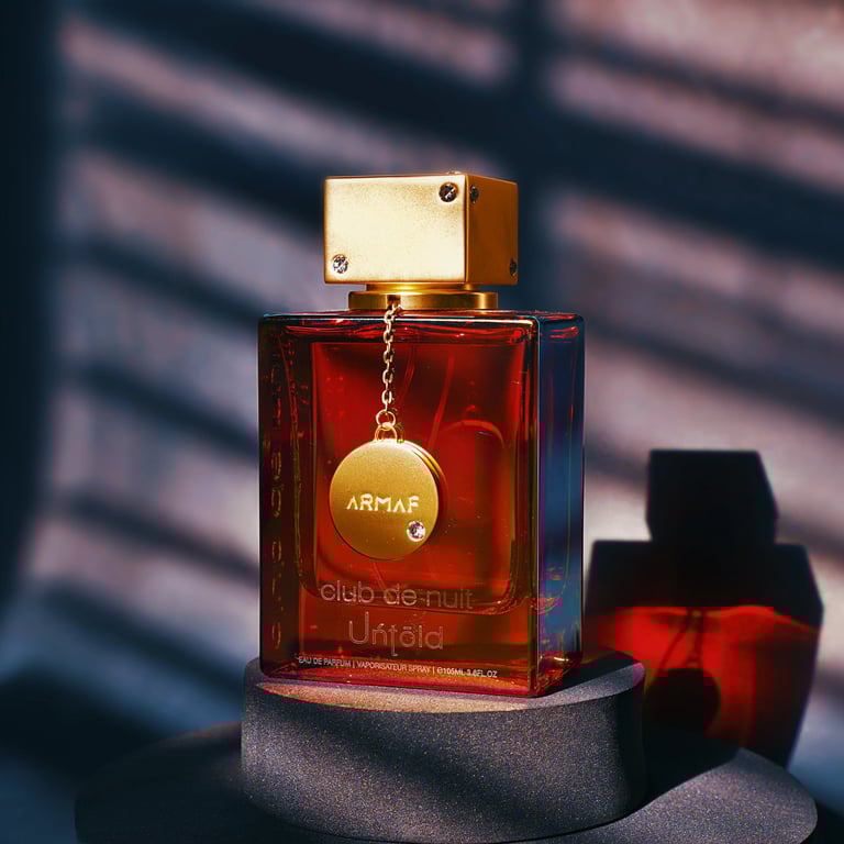Dark, moody, and cinematic product photo for Armaf Club De Nuit perfume fragrance on dark backdrop with window blind shadow.