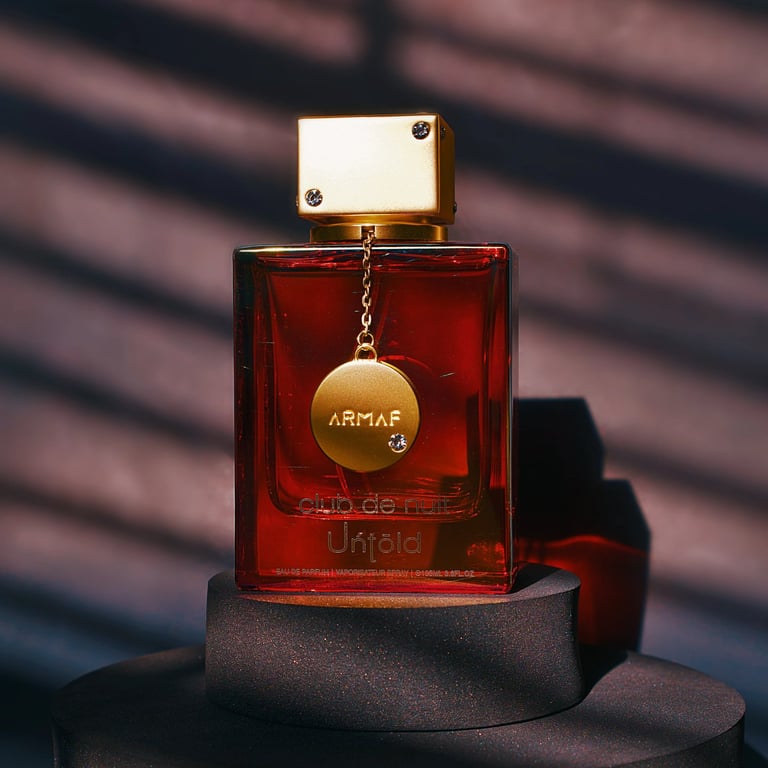 Dark, moody, and cinematic product photo for Armaf Club De Nuit perfume fragrance on dark backdrop with window blind shadow.