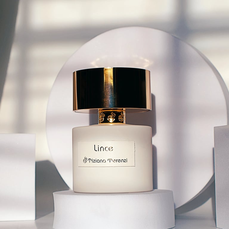 Product photography shoot of Lince Tiziana Terenzi perfume fragrance on a white minimalist background.