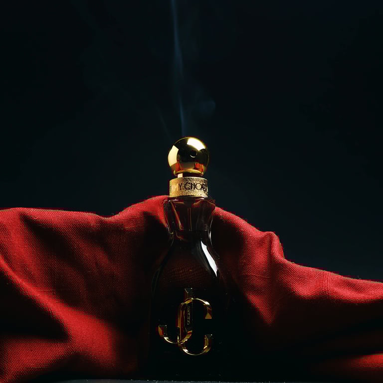 Jimmy Choo's "Forever" fragrance swaddled in thick, blood red cloth for dark, cinematic product photo shoot.