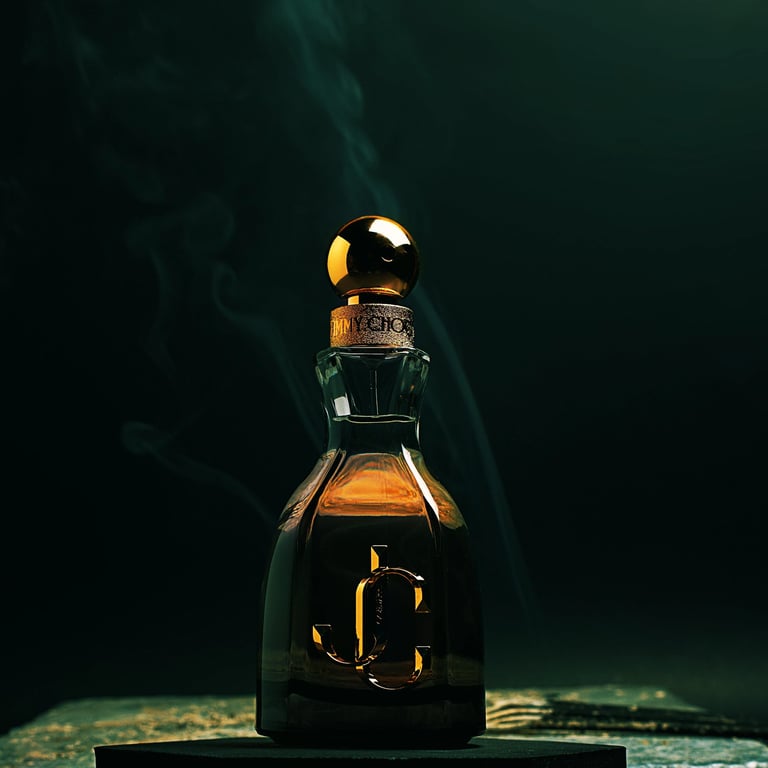 Jimmy Choo's "Forever" fragrance with smoking incense in backdrop for dark, cinematic product photo shoot.