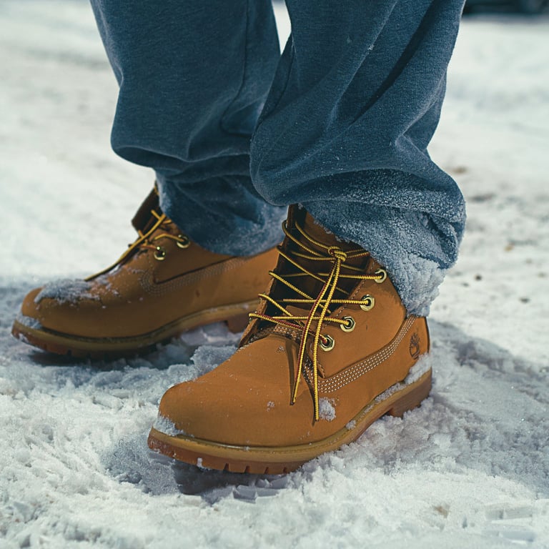 A pair of brown Timberland boot shoes in white powdery snow.