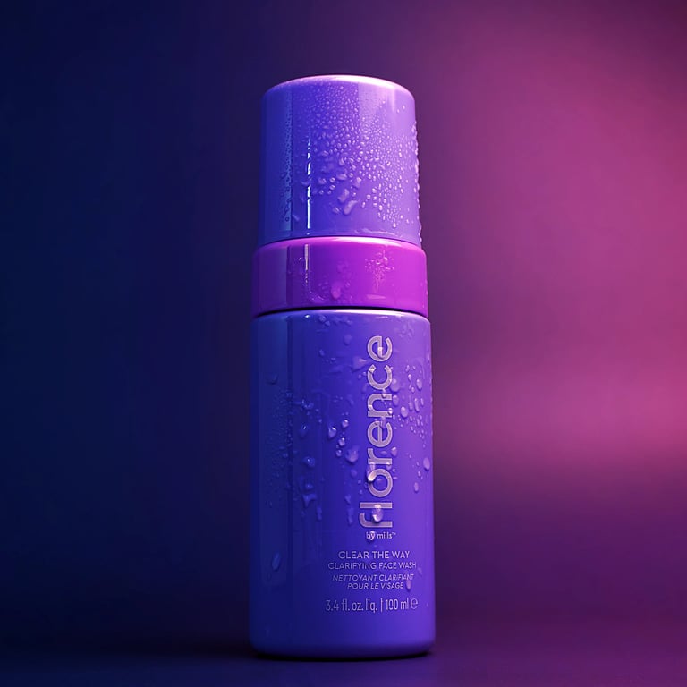 Florence by Mills "Clear The Way" clarifies facial wash cleanser with water droplets on container product photography shoot.