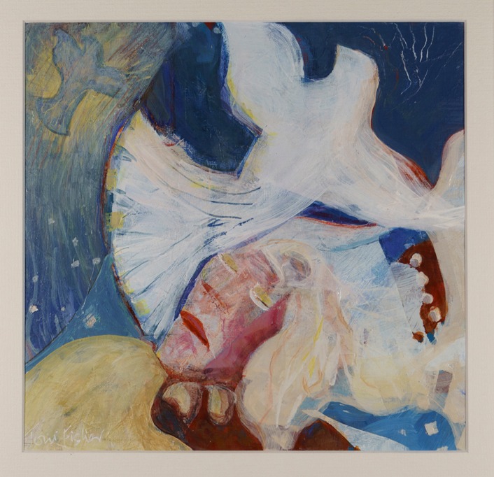 This is an abstract painting of a lady and a white dove with a dark blue backdrop