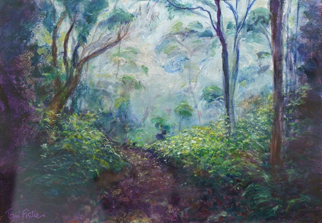 A painting shows a winding pathway covered in leaves set amongst tall wispy trees on a foggy day