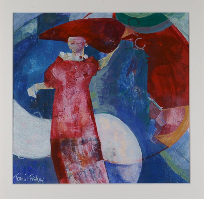 An abstract painting of a lady in a red hat and red dress stands in front of blue red white and green backdrop