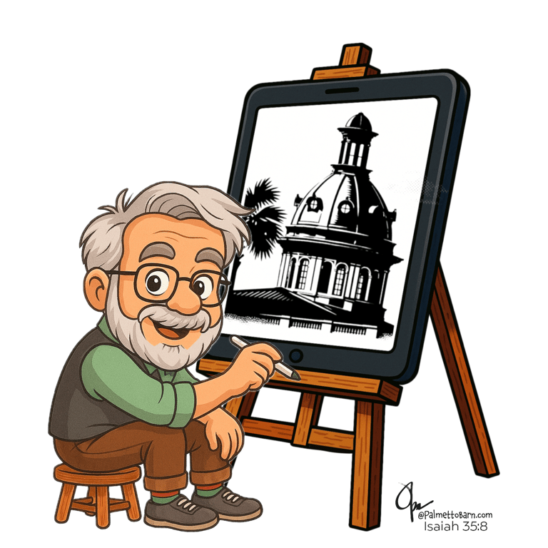 Color cartoon of Opa crafting a silhouette of the Statehouse dome.