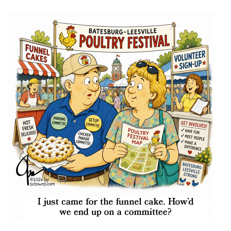 Cartoon of husband and wife soon after she signed them up to be on a committtee