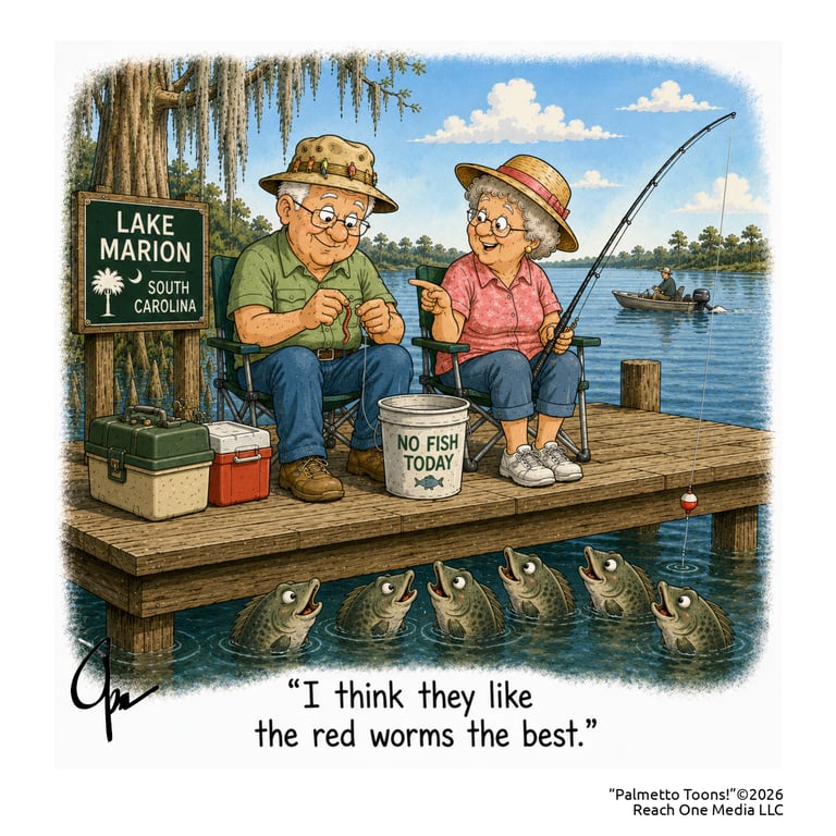 A full-color Palmetto Cartoon of two old people fishing and the fish waiting to be fed.