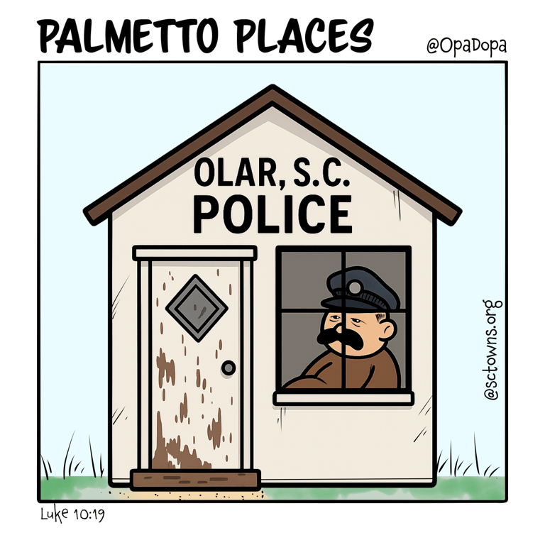 Cartoon caricature of tint Olar Police Department building.