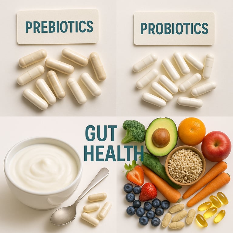 Prebiotics and probiotics supplements with yogurt and fiber-rich foods for gut health