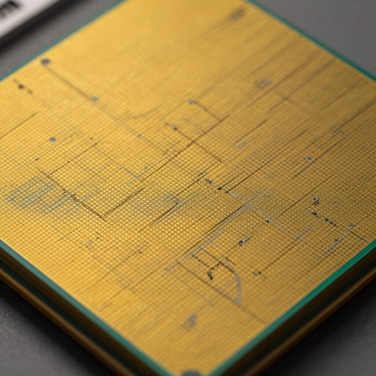 Extreme close-up of a silicon-photonic wafer under yellow cleanroom light, microscopic optical paths etched onto silicon, technical grid pattern.