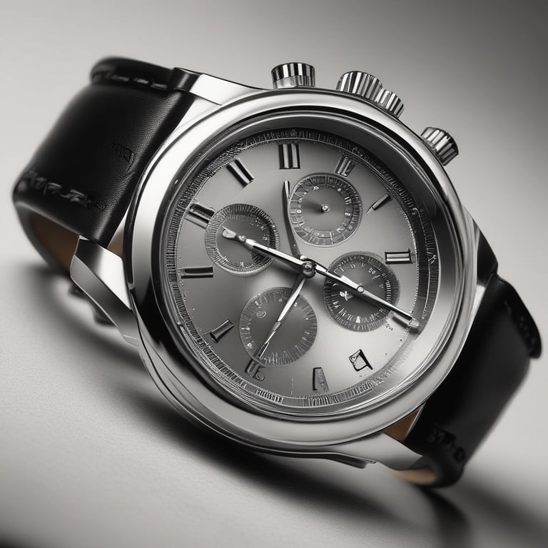 Luxury silver chronograph watch with a grey dial and black leather strap on a gradient background.