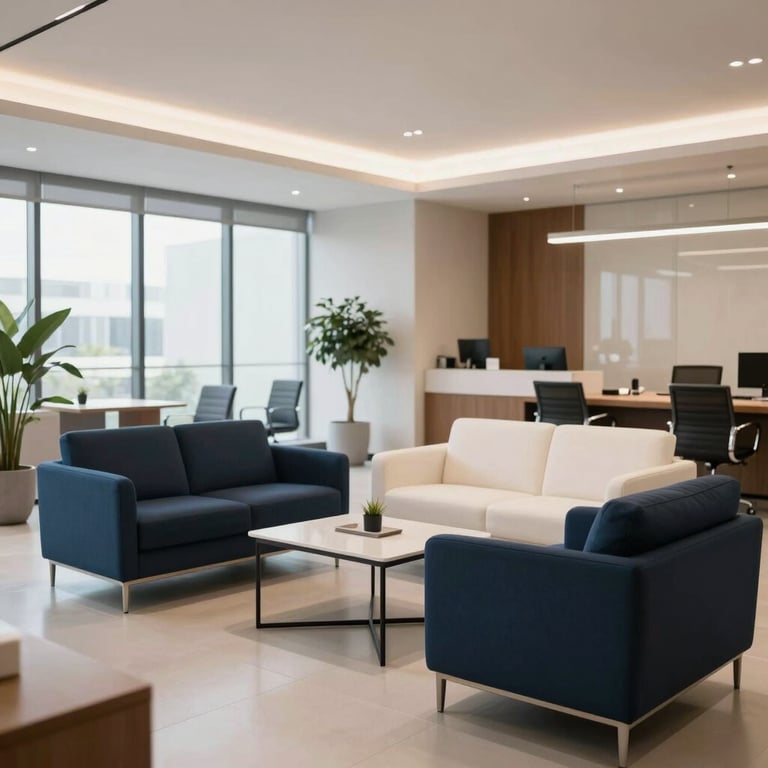 Interior shot of a bright, professional lounge in a South American office building with modern furniture in navy and off-white.
