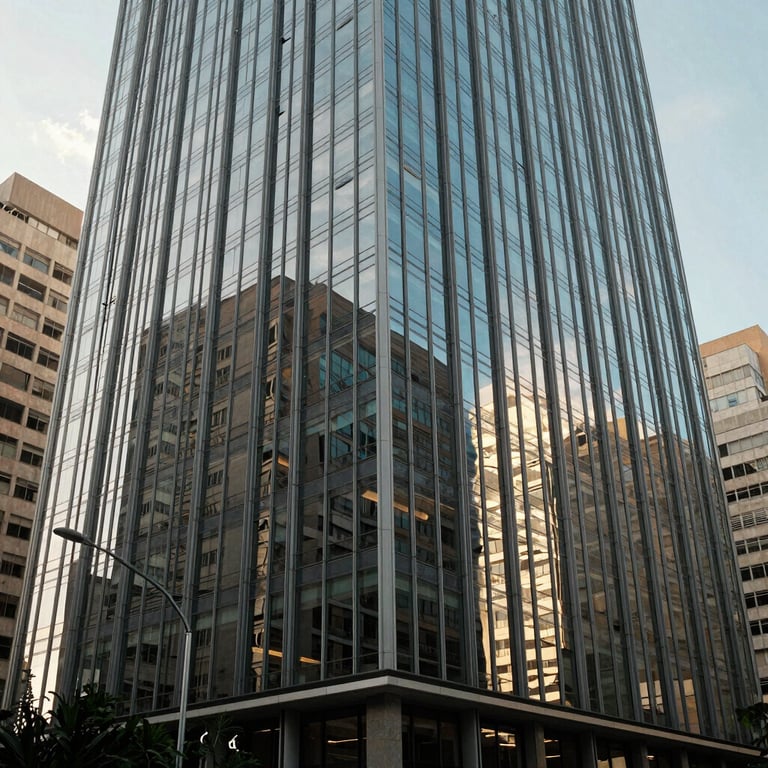 Exterior of a contemporary corporate building in a major Brazilian business district, reflecting sunlight from glass panels.