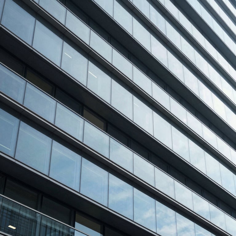 Abstract shot of modern office architecture with clean lines and steel blue tones, emphasizing a sophisticated brand identity.