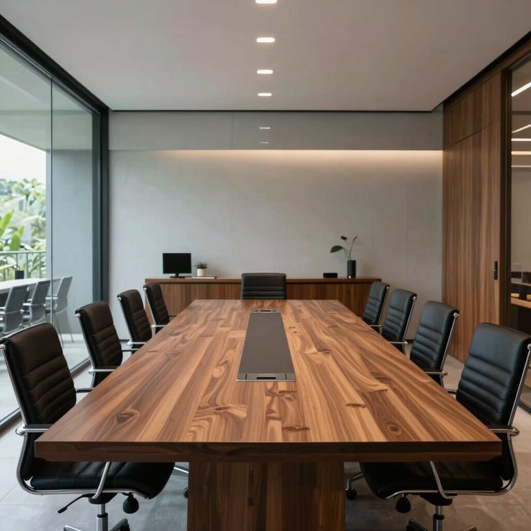 A sleek meeting room in Brazil with minimalist design, glass walls, and a large wooden table.