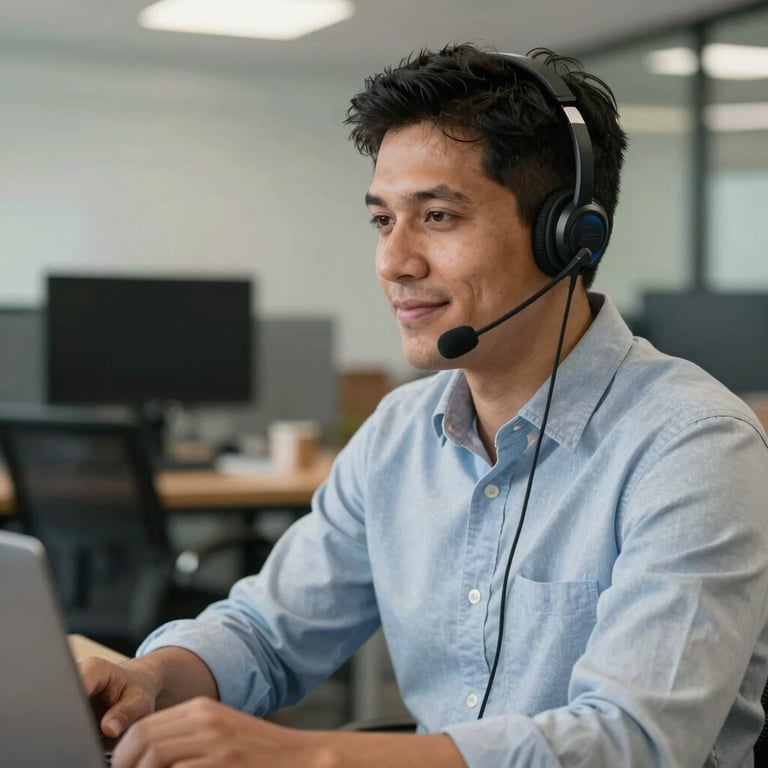 A friendly professional in a South American office wearing a headset, engaged in a conversation with a calm and confident expression.