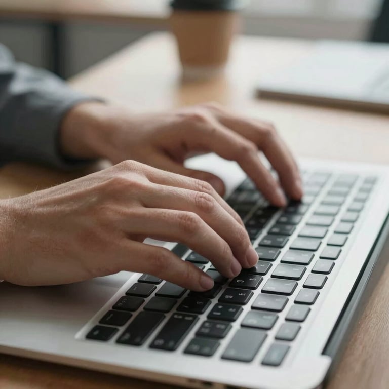 A close-up of hands typing on a modern keyboard in a well-lit office, suggesting productivity and precision.