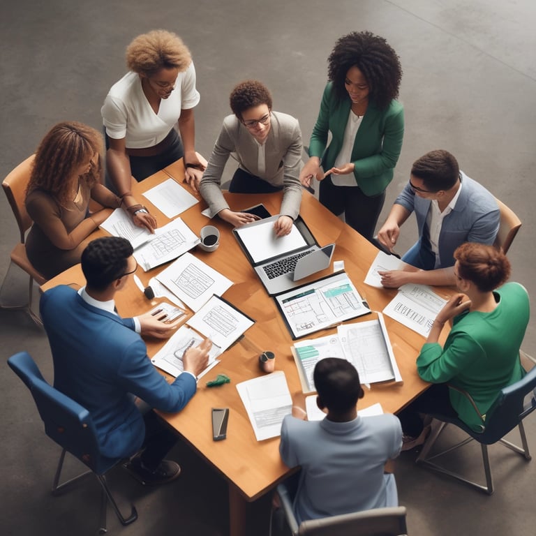 A team of professionals collaborating over charts and laptops in a modern office.