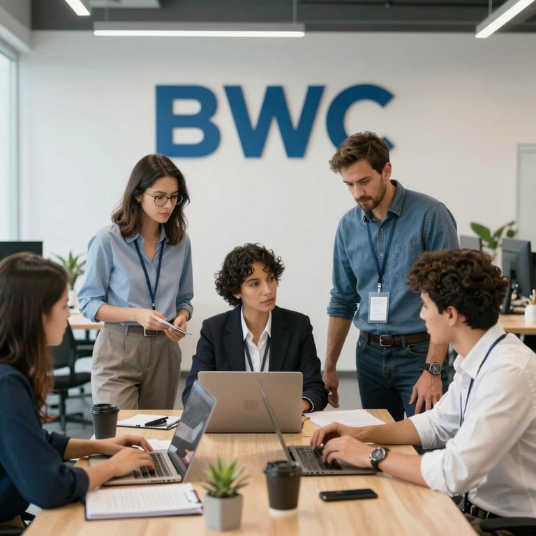 A diverse group of professionals collaborating in a modern office setting.