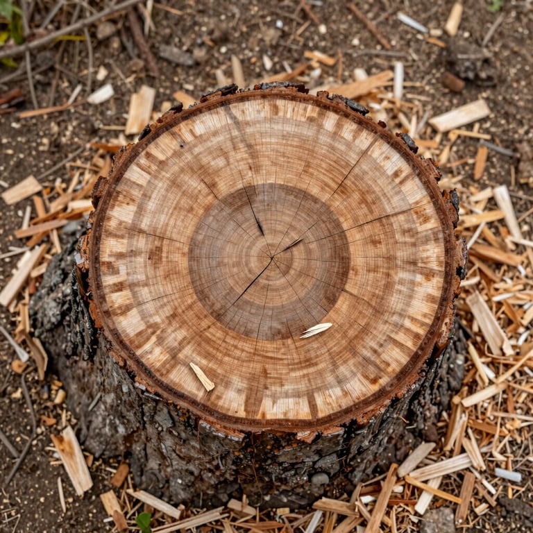 Close-up overhead shot of a stump cross-section showing age rings, wood chips and sawdust surrounding it on dirt, overcast daylight, no crew visible, purely the stump and fresh ground