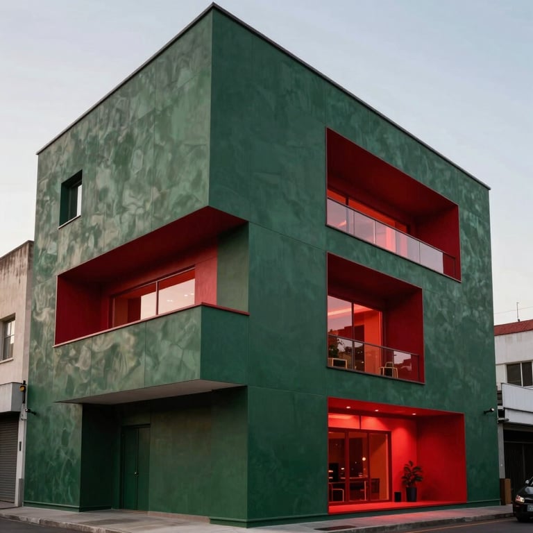 Fachada moderna da unidade Buffalo com iluminação em Deep Carmine Red e acabamentos em Matte Forest Green.
