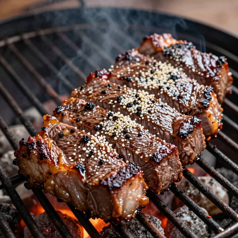 Close-up de uma picanha suculenta na brasa com sal grosso, estilo South American / Brazilian.