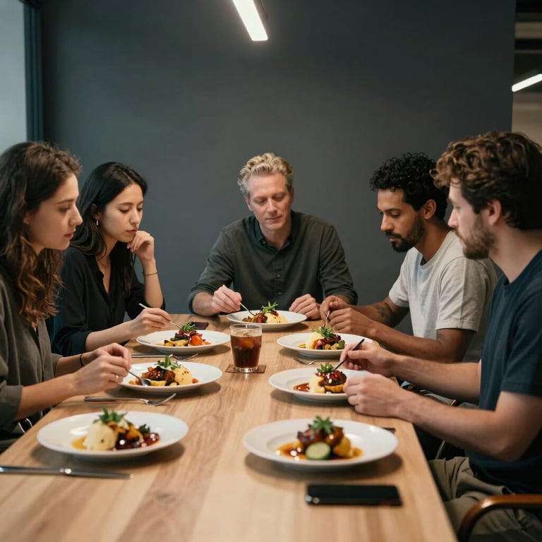 Bastidores: equipe de marketing revisando fotos de pratos em um escritório moderno com paredes Dark Grey.
