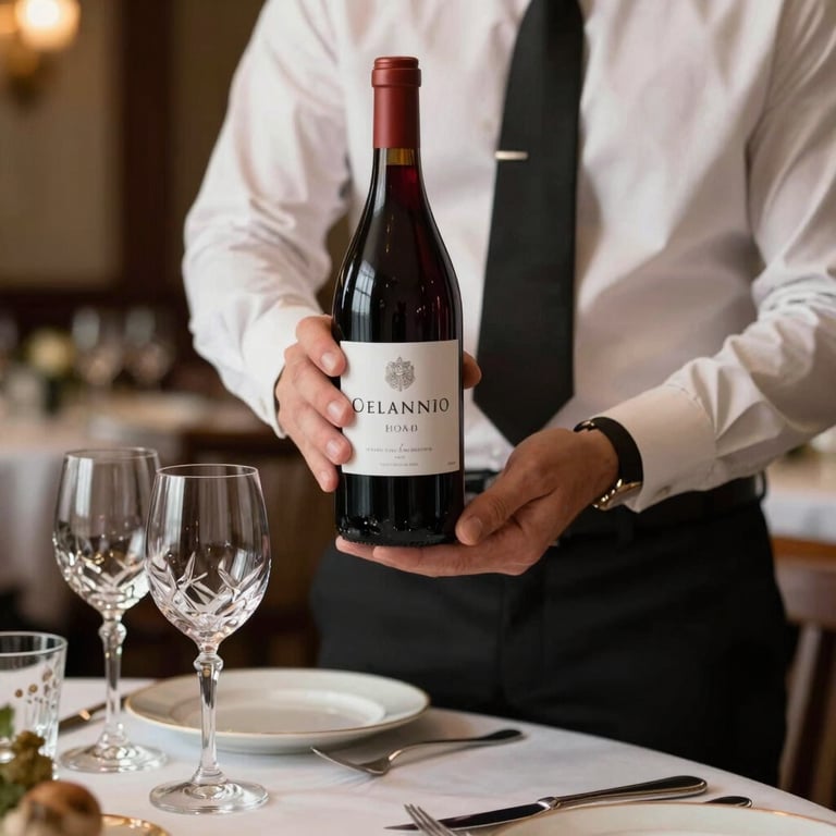 Garçom servindo um vinho tinto premium em taças de cristal em uma mesa bem posta.