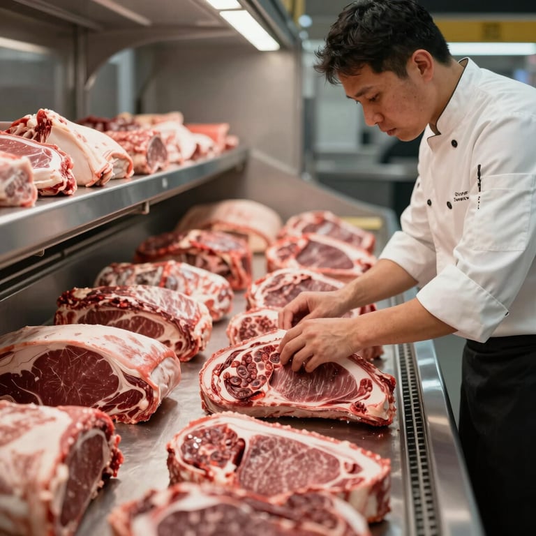 Chef de cozinha selecionando cortes de carne fresca em uma câmara fria organizada.