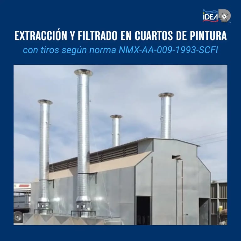 Sistema de extracción y filtrado para cuarto de pintura industrial con tiros metálicos en Mexicali.