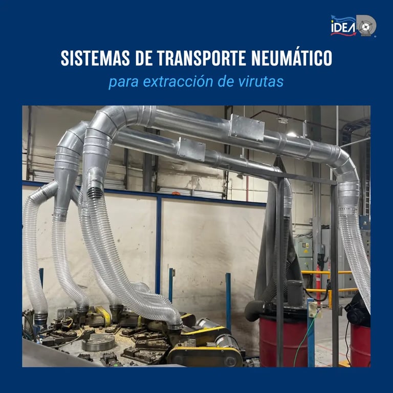 Sistemas de transporte neumático industrial con ductos de metal para extracción de virutas en fábrica.
